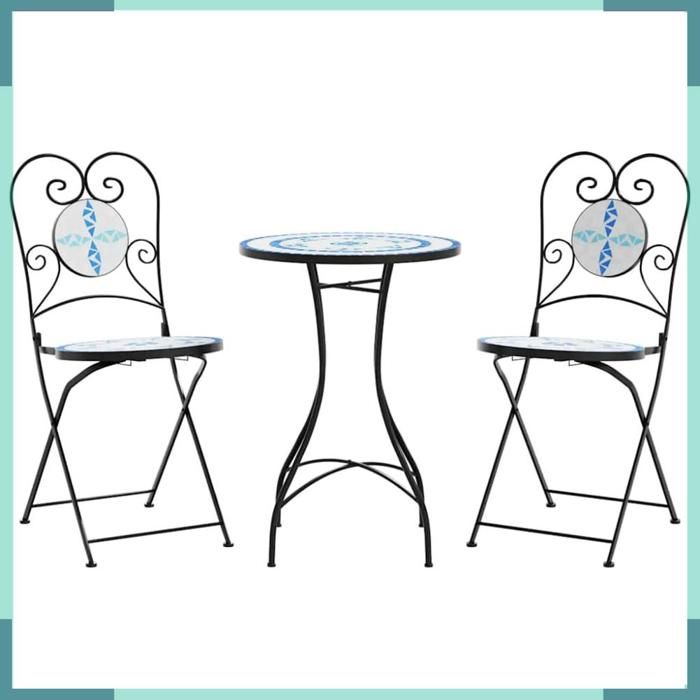 3216353 Ensemble de bistro mosaïque bleu et blanc fer et céramique
