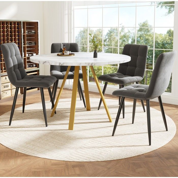 Table ronde 80×80×75 cm et 4 chaises en velours gris ensemble 5 pièces avec plateau marbre blanc pour 4 personnes