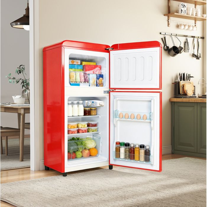Réfrigérateur double porte 86 L avec congélateur 30 L thermostat 7 niveaux éclairage LED rouge acier