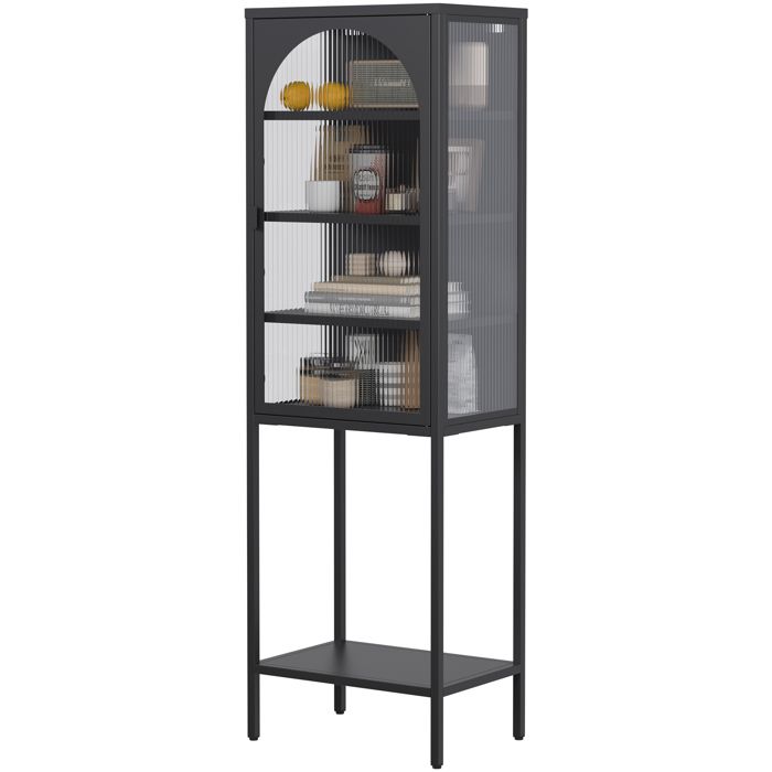 ULEVR armoire vitrine murale en metal 160 x 50 x 35 cm - porte en verre striee verrouillable etageres reglables noire