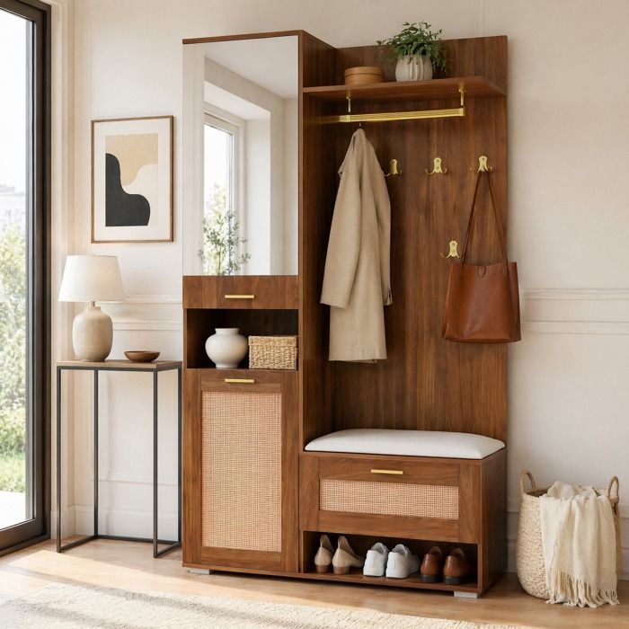 Meuble dEntrée 3 Portes avec Miroir 6 Crochets et Banquette LED - YEAVIO - Noyer Foncé et Blanc 110×38×190 cm