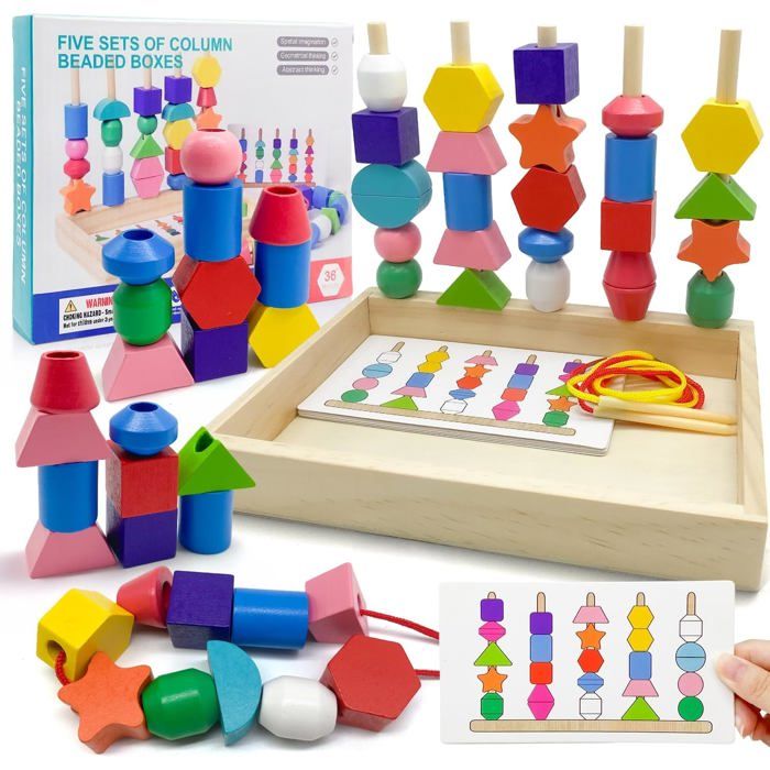 Jeux Montessori 3 en 1 : perles de laçage en bois tri et empilage. Jouet éducatif dactivité pour filles et garçons de 2 à 5 ans.