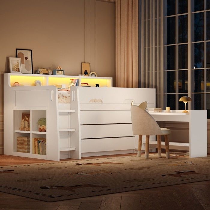 Lit mezzanine - Zephmum - 90x200 3 tiroirs bureau escamotable rangements LED USB blanc