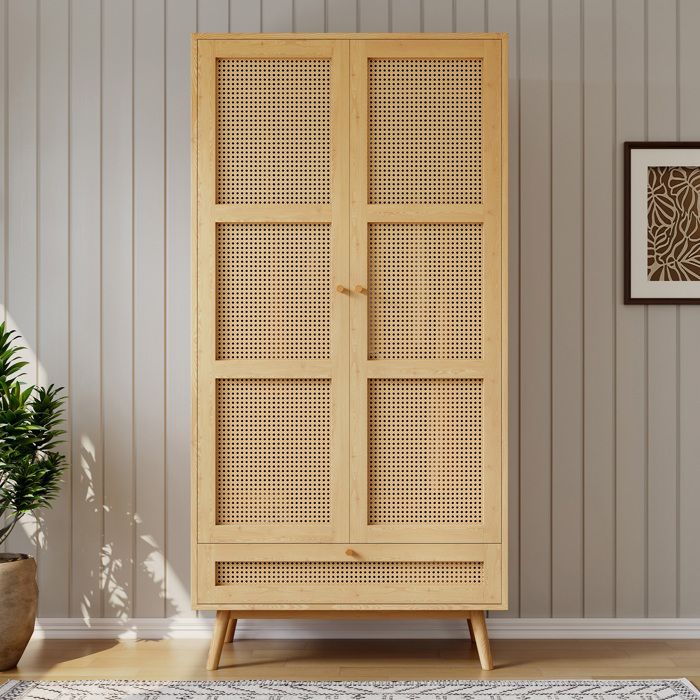Armoire penderie 2 portes 90x45x183 cm avec tringle rangement bas abattant et rotin panneaux particules + rotin PE naturel