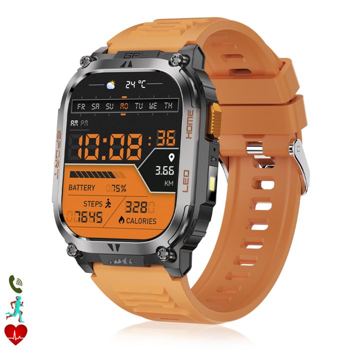 DAM Smartwatch QX18 appels bluetooth GPS + 4 systèmes de localisation lampe de poche plus de 170 modes de sport . Noir orange