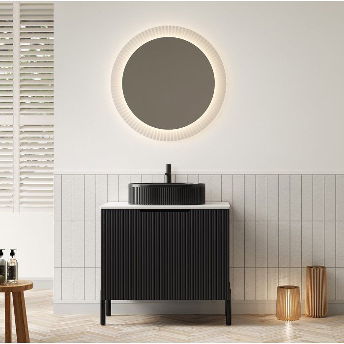 Meuble sous vasque de salle de bain 76 cm sur pied vasque ovale en céramique noire plan en pierre frittée blanche