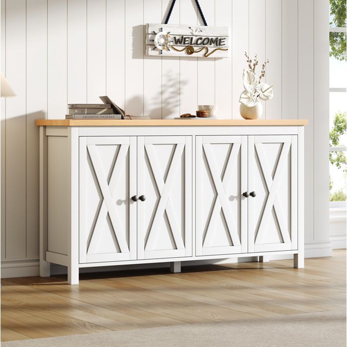 WOVREO Buffet bas 140x40x78 cm 4 portes avec 2 étagères réglables MDF blanc et plateau aspect bois