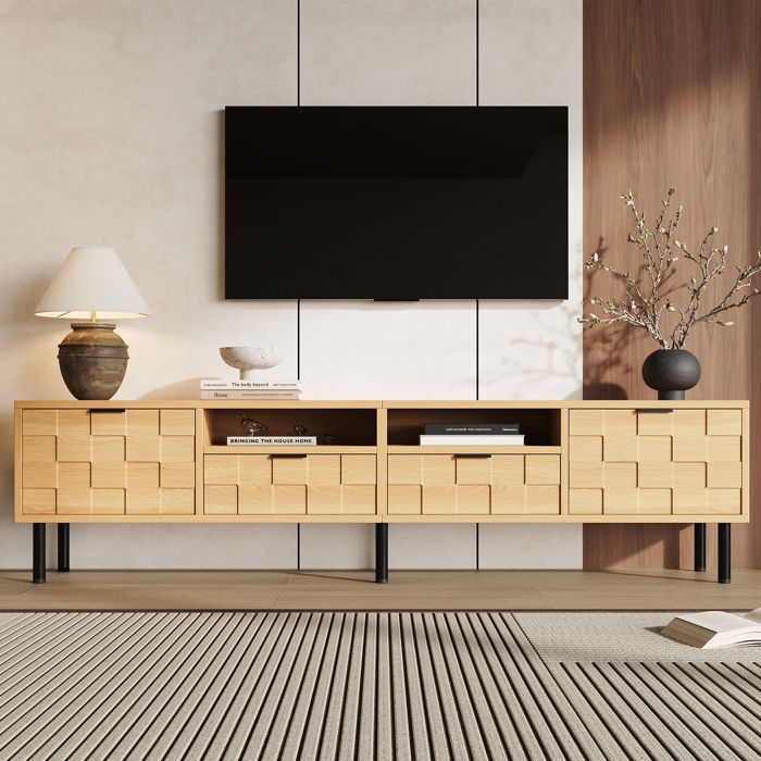 Meuble TV 200 x 35 x 44 5 cm - 2 portes - 2 tiroirs - 2 niches ouvertes - PB et MDF - bois naturel