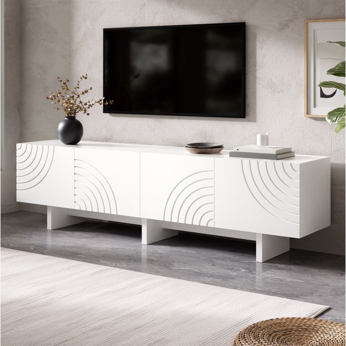 Meuble TV avec 4 Portes Passe-câbles et Façades en Relief Motif Arc pour Salon Blanc 170 cm - UVRION