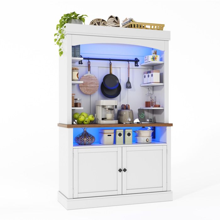 ELVORIN Colonne de cuisine 106 x 43 x 183 cm avec eclairage LED RGB bloc prises 2 AC et 2 USB meuble de rangement en MDF blanc