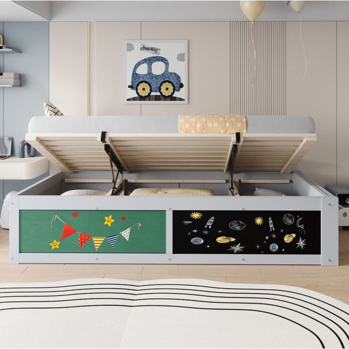 Lit combiné enfant Simple 90 × 200 cm coffre hydraulique et rangement livres - YEAVIO - sans matelas bois gris