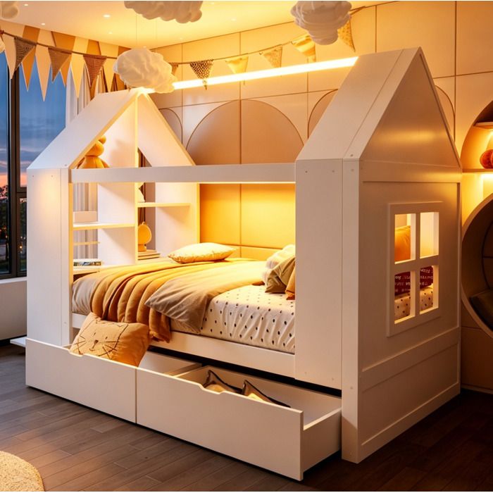 Lit Enfant Cabane avec 2 Tiroirs Rangements Latéraux et LED Intégrée - TCQPZ - Bois Massif et MDF - Blanc