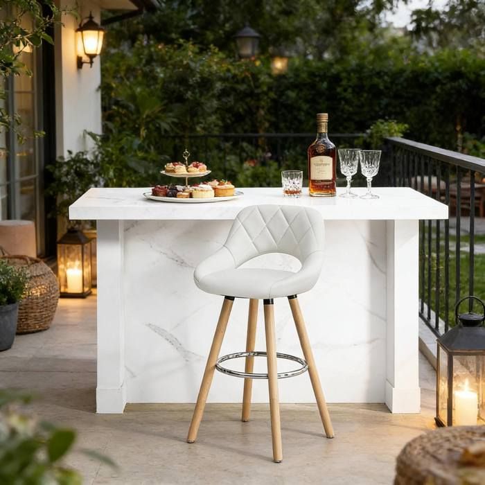 Tabouret de bar avec dossier et accoudoirs 70 cm - YEAVIO - pieds en bois massif simili cuir blanc