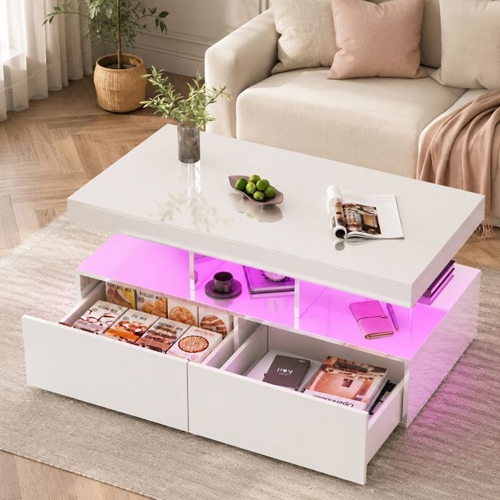 Table basse haute brillance avec Lumières LED - Table dappoint avec 2 tiroirs - Table de salon - 104x53x46cm - Blanc