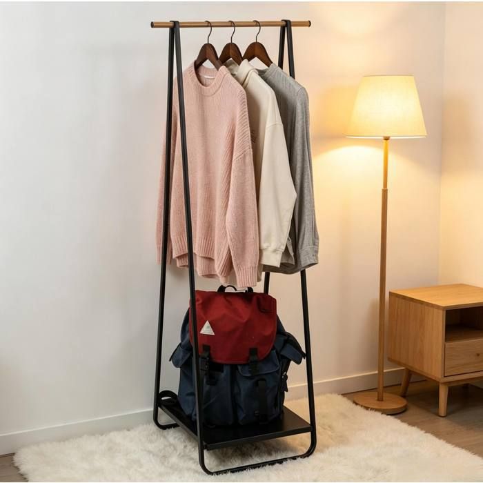 SENVIRO Portant a vetements moderne en metal et bois noir 141 cm barre 54 cm 1 etagere de rangement a monter soi-meme