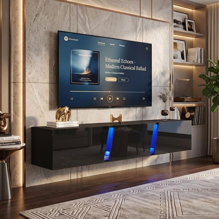 Meuble TV 180x35x30 cm Gain de Place avec LED App Design Soigné Noir Laqué Haute Brillance pour TV 75 Pouces