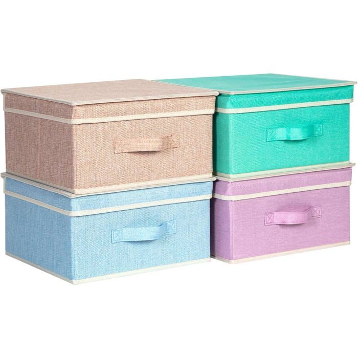 Lot de 4 boîtes de rangement pliables en tissu lin et carton - 33.5 x 31.7 x 17.5 cm - couleurs pastel avec poignée et couvercle