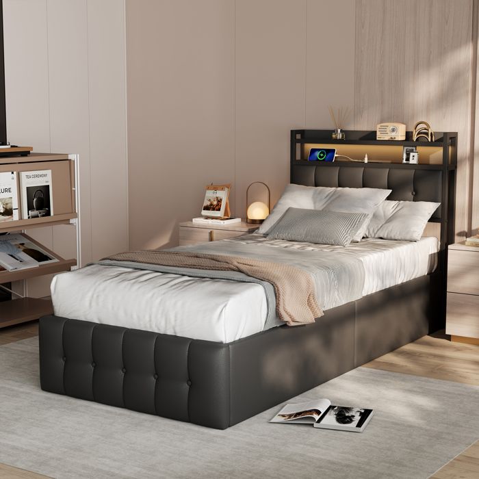 Lit enfant 90x200 cm lit simple à LED lit rembourré lit de sieste lit coffre sommier pour adolescent Lit hydraulique cuir noir