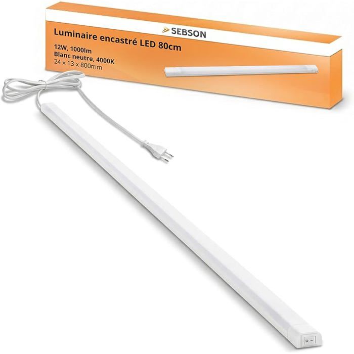 Réglette LED Cuisine 80cm avec Prise 230V et Interrupteur Bnc Neutre 4000K 12W 1000lm Lampe de Pcard 1x 80cm ECLAIRAGE DE MEUBLE