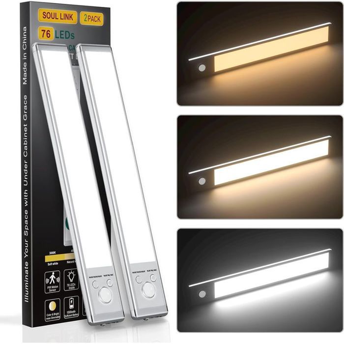 Éclairage sous meuble 76 LED rechargeables avec détecteur de mouvement lot de 2 éclairage magnétique à intensité variable