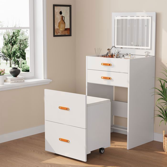 Coiffeuse 3-en-1 avec Miroir LED – Lumière Ajustable Tabouret de Rangement sur Roulettes 50× 40× 120 cm-Design Compact