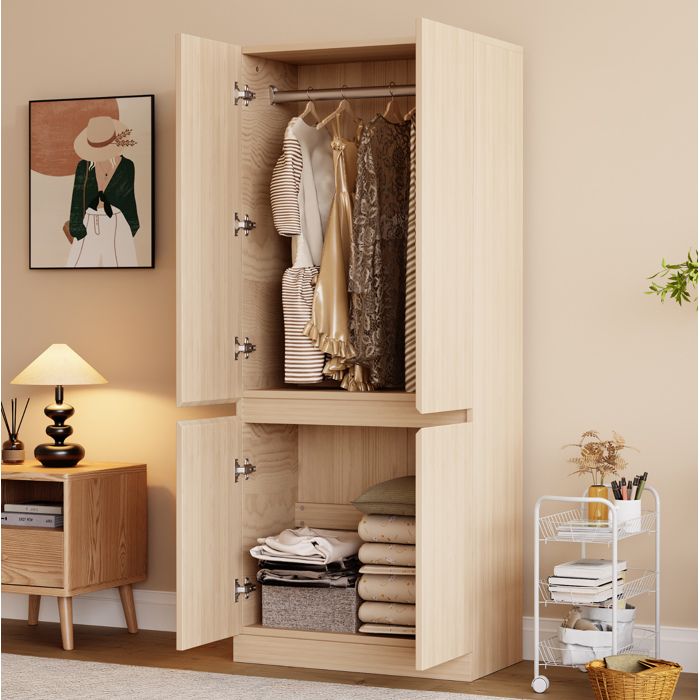 Armoire 2 Portes avec Penderie et Grand Espace de Rangement - MODENVIE - Bois naturel et blanc Chambre 70×40×170 cm