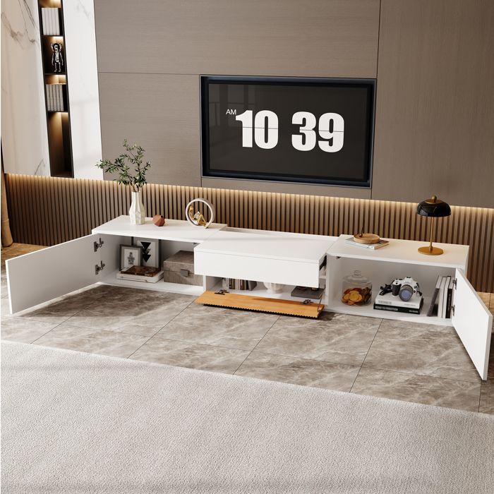 Meuble TV moderne AESVAR 180 x 34 x 30 cm avec plateau coulissant pour projecteur blanc effet bois