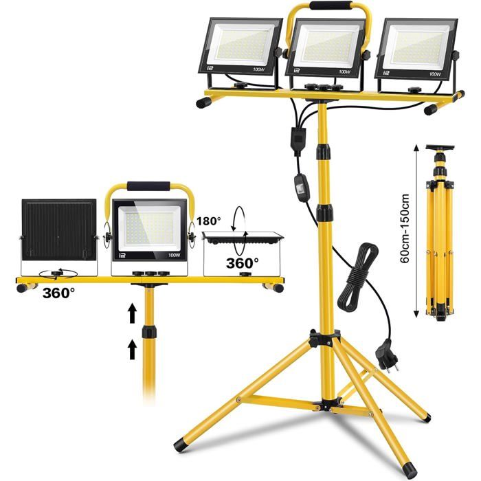 Projecteur Led Chantier Avec Trépied-300W 30000Lm 6500K Projecteur Chantier Vec Trépied Télescopique En Métal Réglable Rotat[CA10]