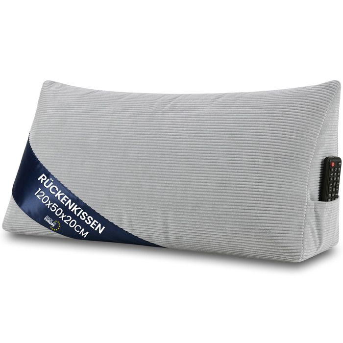 Coussin de lecture lit canapé 120 cm dossier triangulaire appui dos velours côtelé gris clair