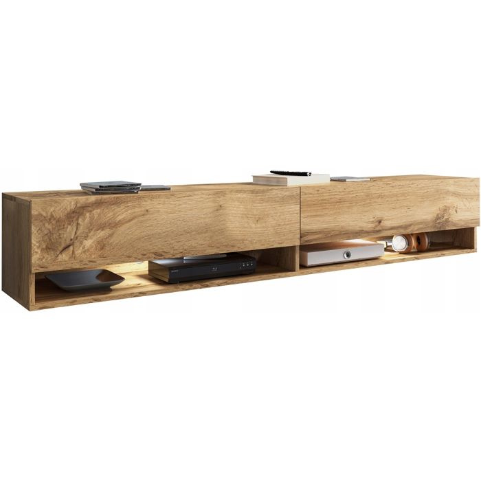 Meuble TV moderne sans poignées de 180 cm finition mate à poser ou à suspendre avec éclairage LED.
