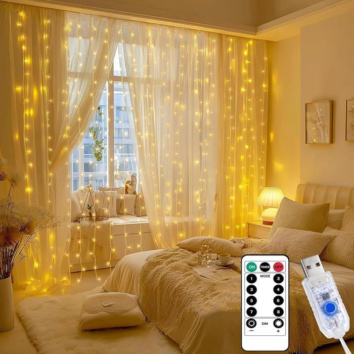 Rideau Lumineux Intérieur 2 × 2 m Guirlande Lumineuse Blanc Chaud avec Minuterie Décoration Fenêtre LAMPE DECORATIVE