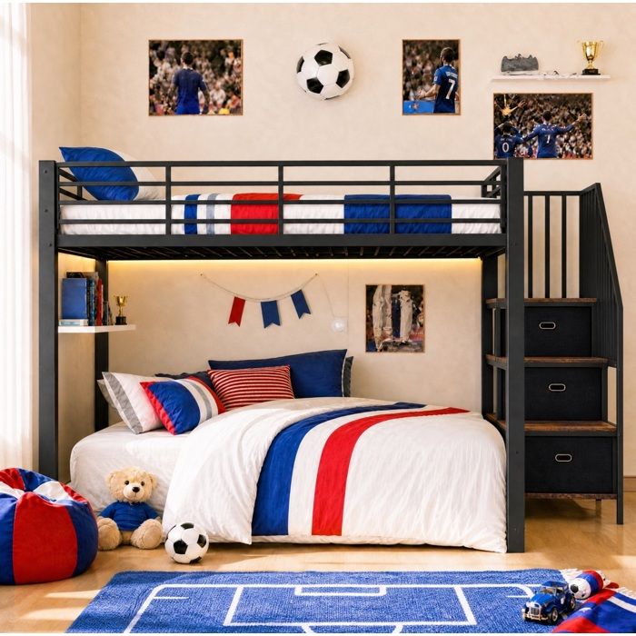 Lit superposé adulte 140 x 200 cm noir en métal et MDF escalier réversible tiroirs LED et USB