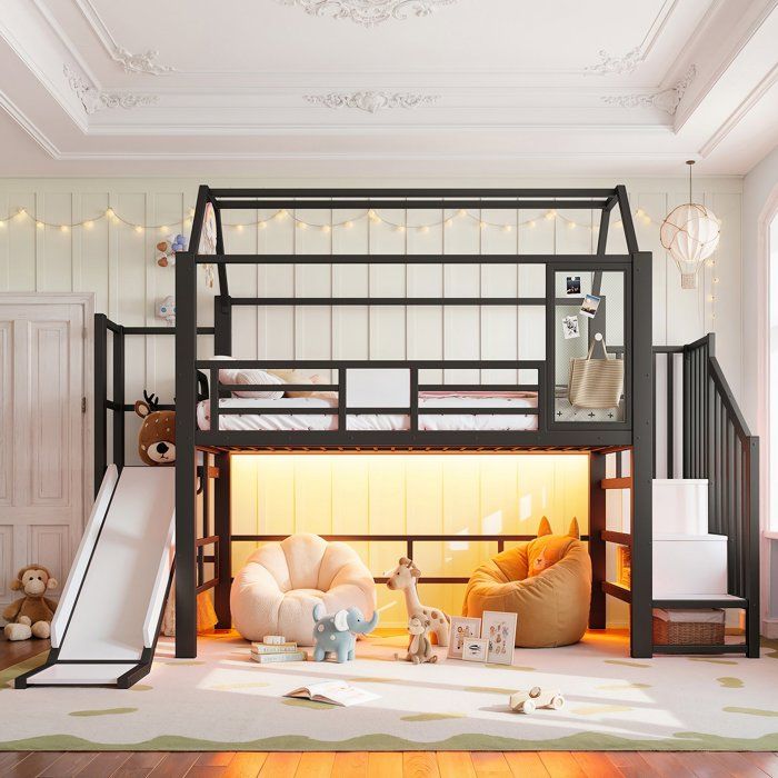 Lit surélevé enfant maison métal noir avec toboggan escalier rangement & LED Bluetooth certifié EN 747 matelas 90x200 cm