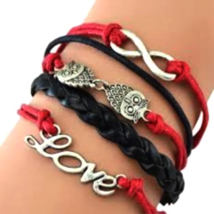 Bracelet - ABIJOUX - Infini Love Chouette - Rouge Noir - Cuir Cordon Métal argenté - Taille réglable 17-21cm