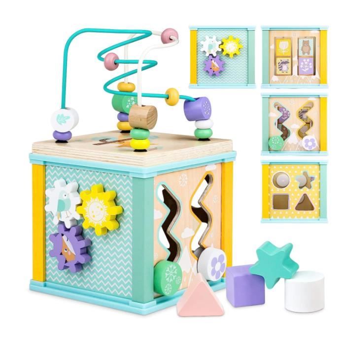 Cube dactivités en bois - 11 activités - Labyrinthe puzzle trieur de formes - Mixte