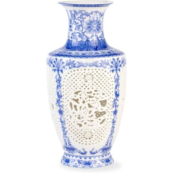 Vase Ancien Chinois En Porcelaine Bleu Et Blanc, Décor Colonne Bouche Large, Fait Main