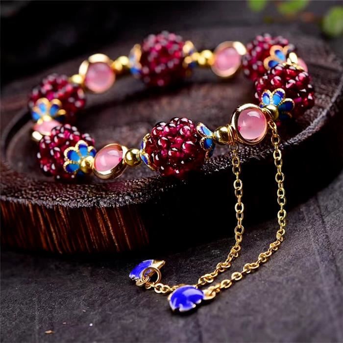 Bracelet Bohème Pierre Naturelle Et Pompon – Rose – Fait Main