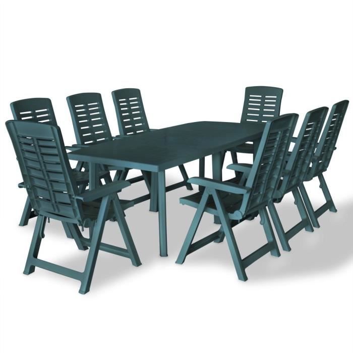Ensemble de salle à manger de jardin en plastique vert - Qualité luxe© - Table 210x96cm avec 8 chaises pliables