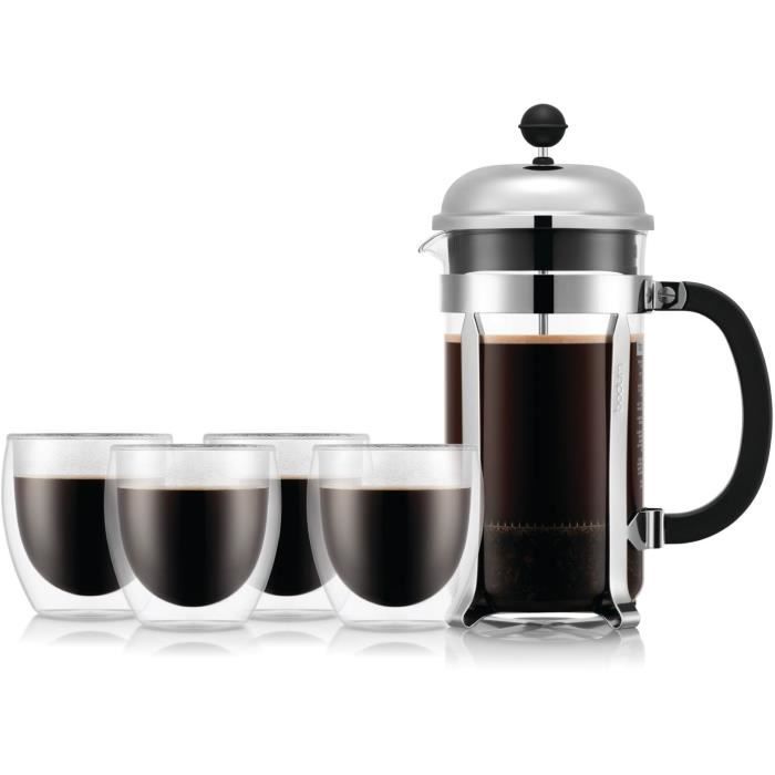 Cafetière à piston BODUM CHAMBORD SET 8 tasses 1.0 + 4 verres PAVINA double paroi 25 cl