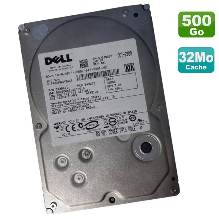 Disque Dur Interne Dell Disque Dur 500Go 3.5" Sata Dell 0Jn957 0A36071 Hua721050Kla330 Hitachi