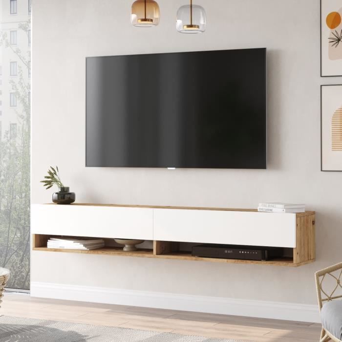 Meuble TV Laitila à 2 portes 295 x 180 x 315 cm effet bois de pin - blanc [en.casa]