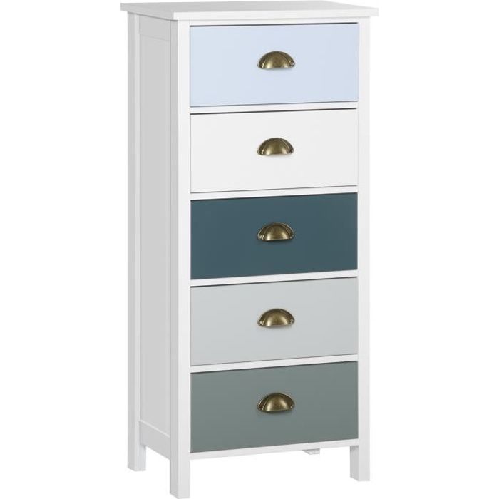chiffonnier homcom meuble de rangement 5 tiroirs multicolores - design contemporain - bois - bleu blanc gris