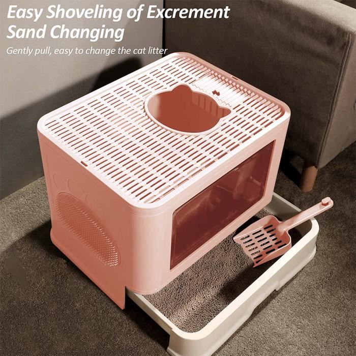 Meilleurs prix pour Bac à litière pliable pour chat avec unité de soins et boîte de rangement - HUOLE - Rose - Taille 48,5x36,5x38cm
