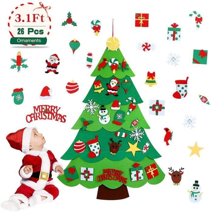 Sapin De Noël En Feutre 1m à Décorer - Kit Avec 32 Ornements Et Guirlande LED - Enfant Et DIY