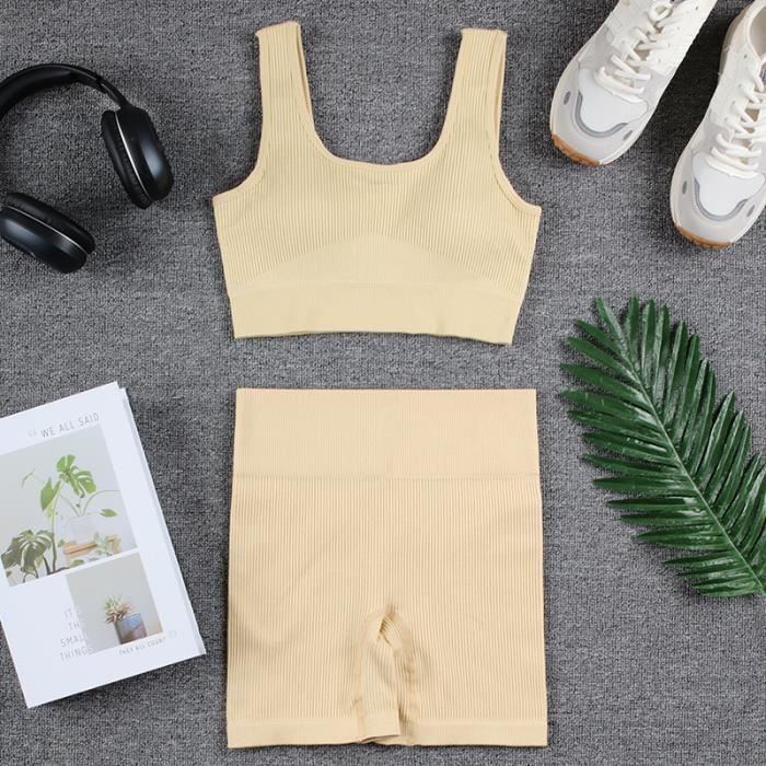 ABOCIW Ensemble Sport 2 Pièces Femme - Soutien-Gorge Croisé Taille Haute + Short De Motard - Yoga Et Fitness