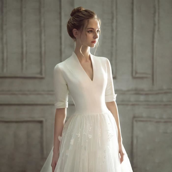 Robe de mariée en satin 2021 nouvelle mariée simple col en V Slim fairy