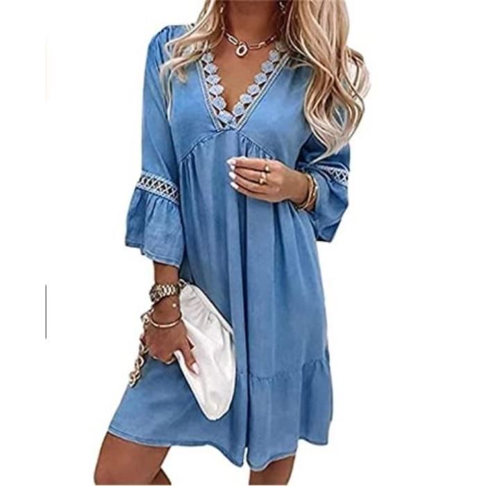 Chemise Tunique Femme Quacker Factory Bleu - Broderie Florale Et Strass - Taille M - 100% Coton