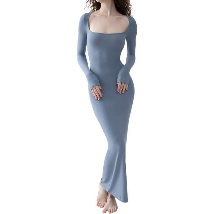 Robe longue moulante sexy ?� col carr?� et manches longues c?�tel?�es pour femme - Cdiscount 