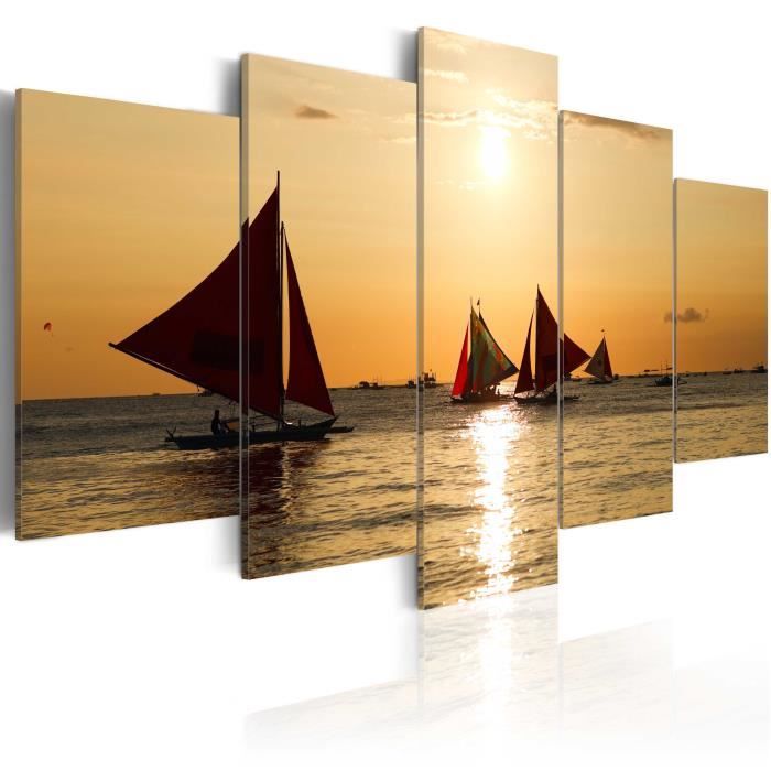 Tableau Toile Paysage Bateau Mer Plage Soleil - 100x50 Cm - Moderne - Marque Tulup