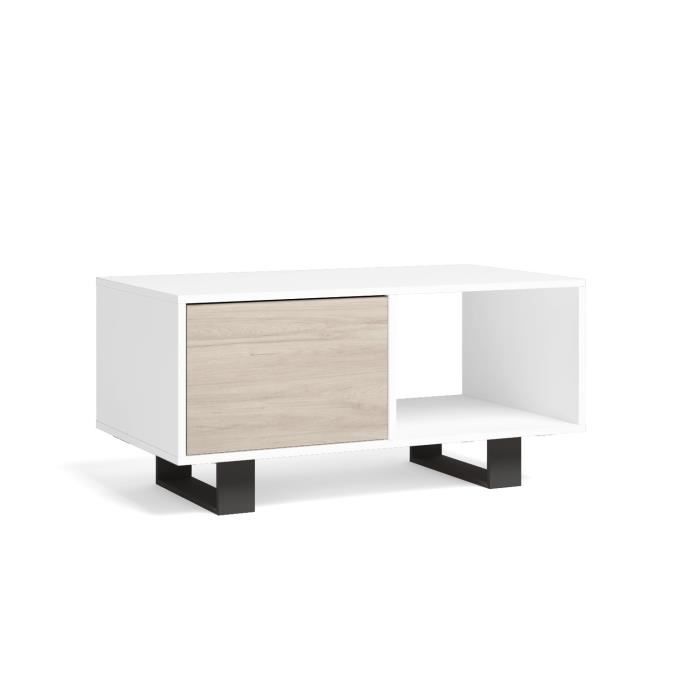 table basse avec portes, salle à manger, modèle wind, couleur blanc-chêne, 92x50x45cm, rf1012